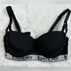 BEBE Women’s Intimates Bra Black Mesh Silver Band‎ Convertible Underwire 36C